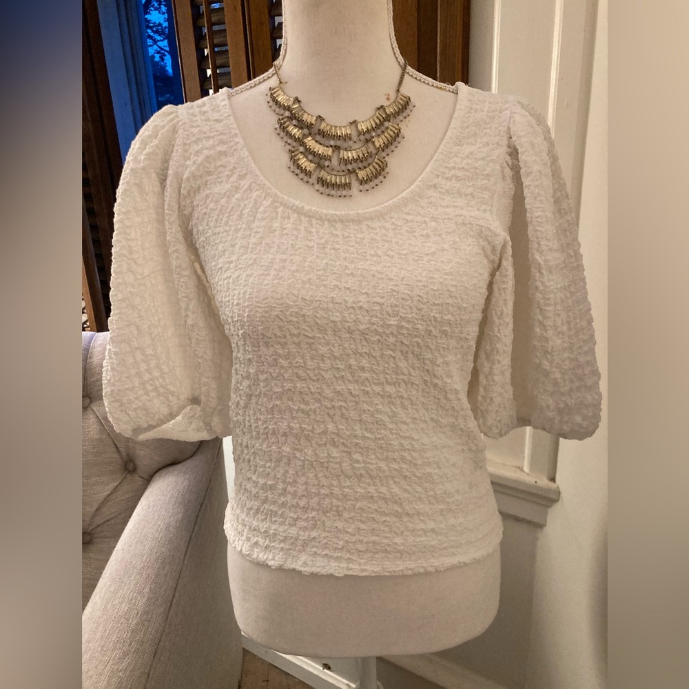MAUVE x Anthropologie White Balloon-Sleeve Textured Top Cottagecore Resort - Picture 12 of 15
